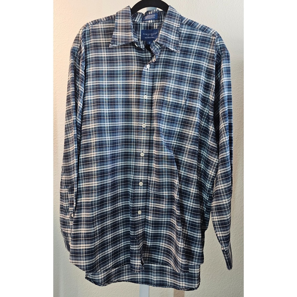 TownCraft Mens Large Long Sleeve Wrinkle Free Button Up Plaid Shirt Blue EUC VTG